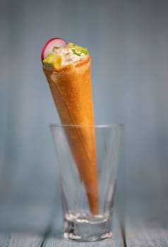 Brick cone with tuna sauce, mayonnaise, avocado and radish slice, High quality photo