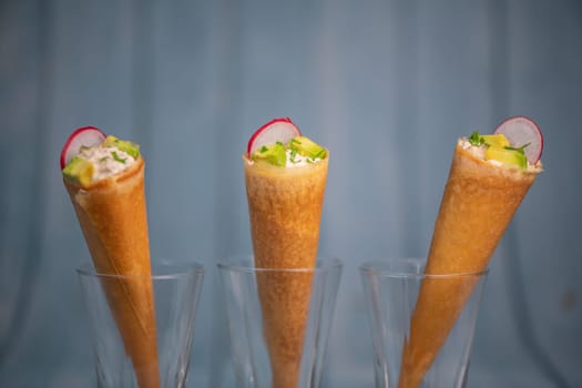 Brick cone with tuna sauce, mayonnaise, avocado and radish slice, High quality photo