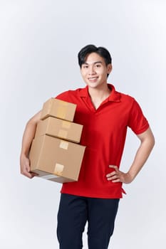 Portrait smiling Asian man holding post boxes standing over isolated background with copy space.