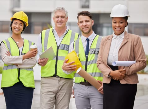 Construction site, portrait and team at a building for planning, creative and collaboration. Architecture, business people and designer group with blueprint, documents or engineering development plan.