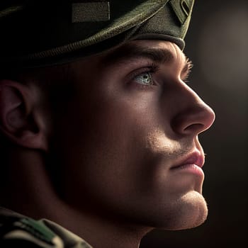 Soldier looking into light,Special forces United States in Camouflage Uniforms studio shot. Shemagh scarf, painted face. Black background, bottom light colorized toned contour shot close up