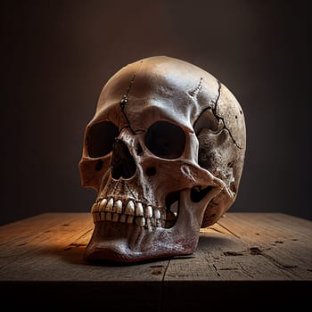 Human skull on wooden table, old scary horror skelet, halloween design haunted generative AI close up