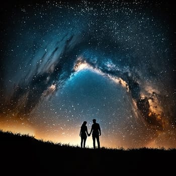 Silhouette of young couple under stars. standing in meadow by night under the galaxy The concept on the theme of love. Elements of this image romance