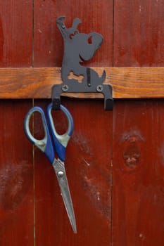 Metal scissors with plastic handles hang on a dog-shaped metal hook. Wooden door.
