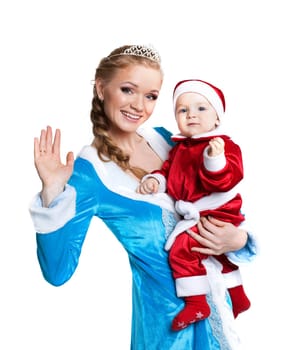Portrait of happy mom-Snow Maiden and baby-Santa, isolated on white