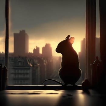 little mouse silhouette looking at city view with morning light standing on high building city skyline. Sunset scene. generative AI beauty