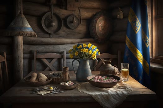 Culture of Ukraine, authenticity, uniqueness, independence and endurance. Local things, clothes, terrain. Yellow Ukrainian symbols, villages. High quality Generative AI .