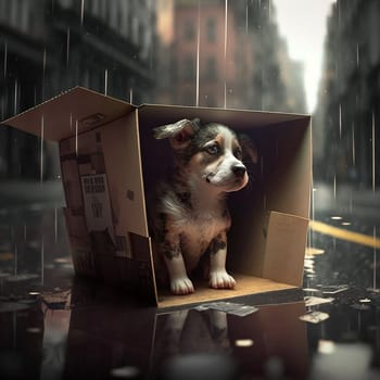 Sad puppy left in a wooden cardboard box, abandoned in a rainy city on the street. Generative AI lost dog