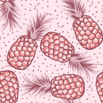 Hand drawn seamless pattern of pink fruit pineapple tropical jungle, summer cute character. Cartoon design for children kids human-like kawaii food, tasty dessert snack eating, retro vintage