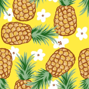 Hand drawn seamless pattern of fruit pineapple tropical jungle, summer cute character. Cartoon yellow design for children kids human-like kawaii food, tasty dessert snack eating, retro vintage
