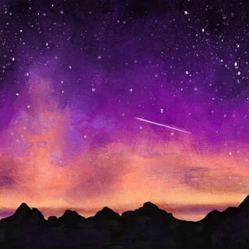 Hand drawn illustration of night sky mountains shooting star. Night scene landscape, oil painting texture, sunset outdoor adventure, nature design mist fog panorama light
