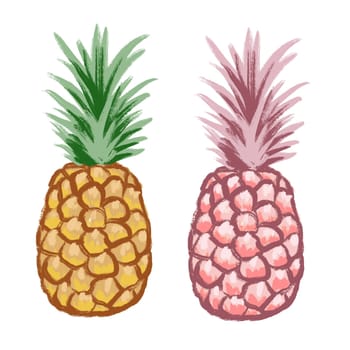 Hand drawn illustration of fruit pineapple, tropical dessert food, bright colorful sketch style. Eating vegetarian summer diet, tasty delicious groceries organic nature design