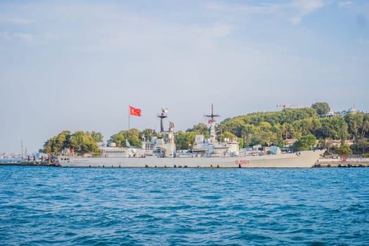 Italian Navy de la Penne class guided missile destroyer ITS Francesco Mimbelli is pierside at Sarayburnu. D561 is armed with OtoMelara 127mm Vulcano and SeleniaElsag Albatros launcher. 13 August 2022