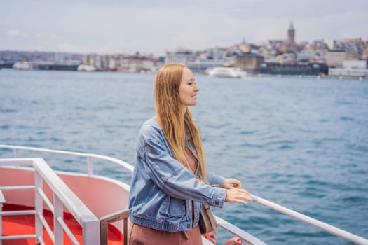 Happy woman enjoying the sea from ferry boat crossing Bosphorus in Istanbul. Summer trip to Istanbul.