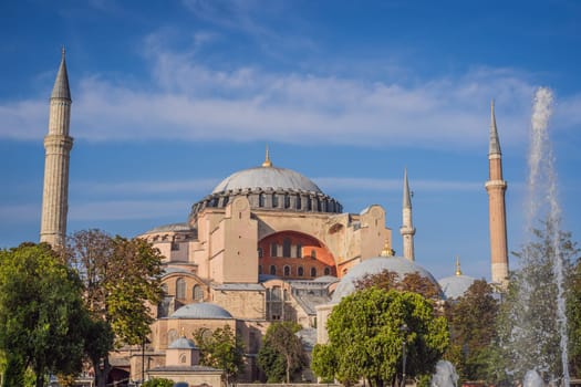 Sunny day architecture and Hagia Sophia Museum, in Eminonu, istanbul, Turkey. Turkiye.