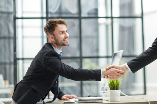 Hello. Portrait Of Cheerful Middle Aged Business Man Waving Hand Smiling