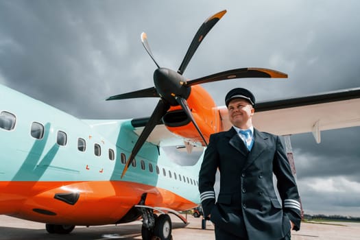 Pilot in uniform standing outdoors near modern airplane.