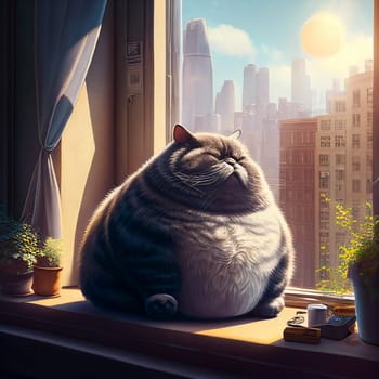 Funny lazy fat cat cartoon looking trough window in appartment, in the city morning light. Pet concept generative AI