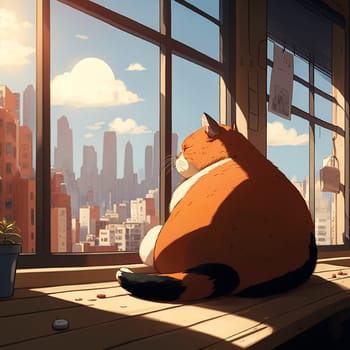 Funny lazy fat cat cartoon looking trough window in appartment, in the city morning light. Pet concept generative AI