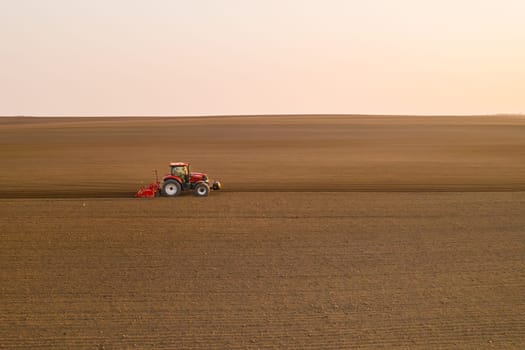 Tractor pulls subsoiler to prepare beds for sowing grain in cultivated field at sunset. Agricultural machinery operates in countryside