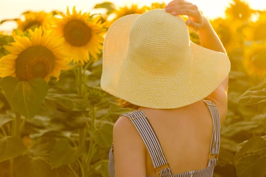 Young woman looks at bright sunflowers growing in rural field at sunset. Lady in straw hat stands among beautiful plants backside close view