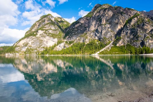 Beautiful turquoise color Lake Braies in Dolomites Alps.