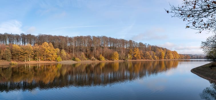 Panoramic image of Lingese lake close to Marienheide in evening light during autumn, Bergisches Land, Germany