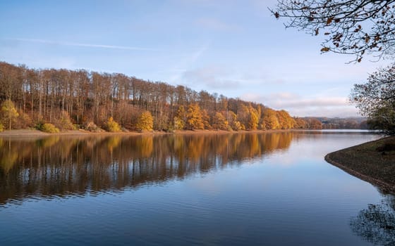 Panoramic image of Lingese lake close to Marienheide in evening light during autumn, Bergisches Land, Germany