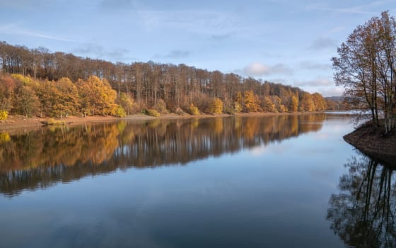 Panoramic image of Lingese lake close to Marienheide in evening light during autumn, Bergisches Land, Germany