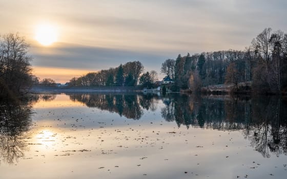 Panoramic image of Silver lake close to Wipperfurth during winter, Bergisches Land, Germany