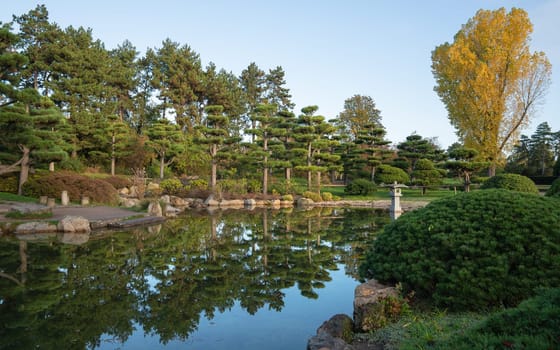 Panoramic image of Japanese Garden during autumn, Dusseldorf, Germany