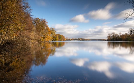 Panoramic image of Unterbach lake close to Dusseldorf during autumn, Germany