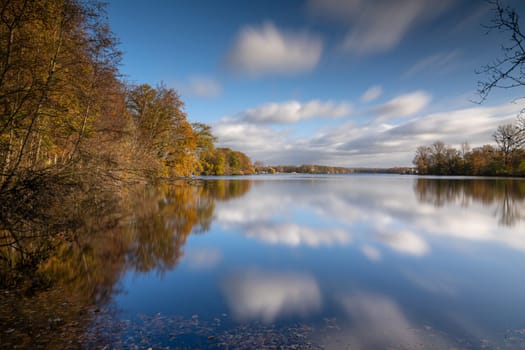 Panoramic image of Unterbach lake close to Dusseldorf during autumn, Germany