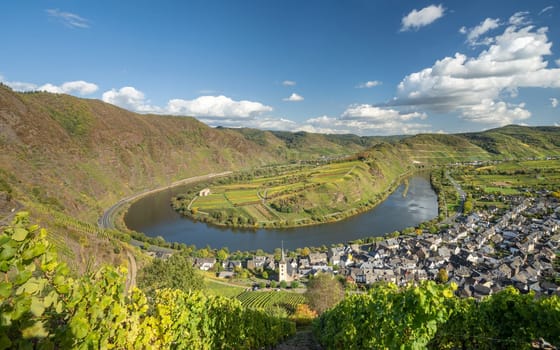 Panoramic image of Bremm with loop of Moselle river, Germany