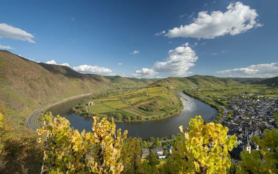 Panoramic image of Bremm with loop of Moselle river, Germany