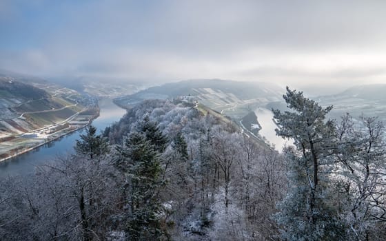 Panoramic image of Moselle river loop close to Zell on a winter day, Rhineland-Palatinate, Germany