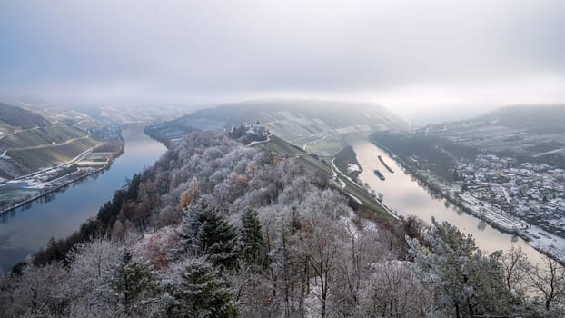 Panoramic image of Moselle river loop close to Zell on a winter day, Rhineland-Palatinate, Germany