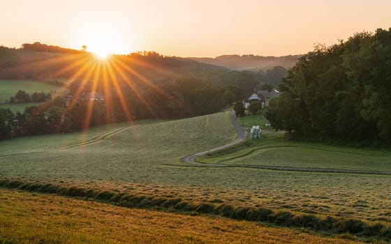 Panoramic image of scenic view on a colorful morning, Bergisches Land, Odenthal, Germany