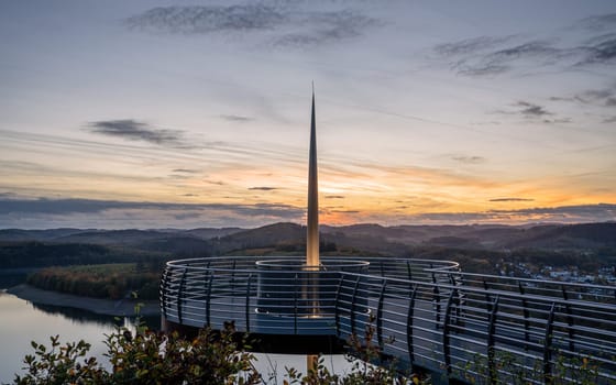 Panoramic image of view point Bigge lake during sunset, recreation and hiking area of Sauerland, Germany