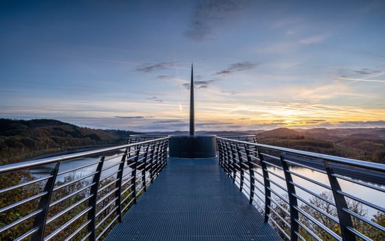 Panoramic image of view point Bigge lake during sunset, recreation and hiking area of Sauerland, Germany