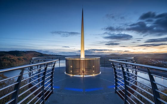 Panoramic image of view point Bigge lake during sunset, recreation and hiking area of Sauerland, Germany