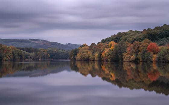 Panoramic image of Lake Henne during autumn, Sauerland, Germany