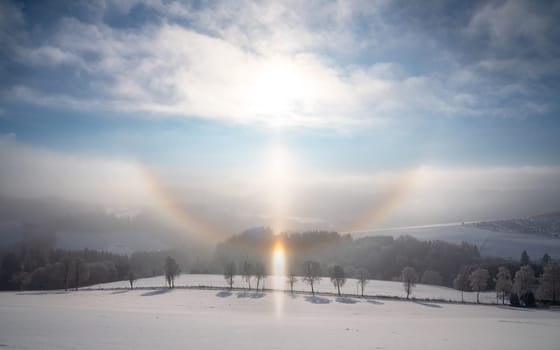 Panoramic image of winter landscape, Schmallenberg, Sauerland, Germany