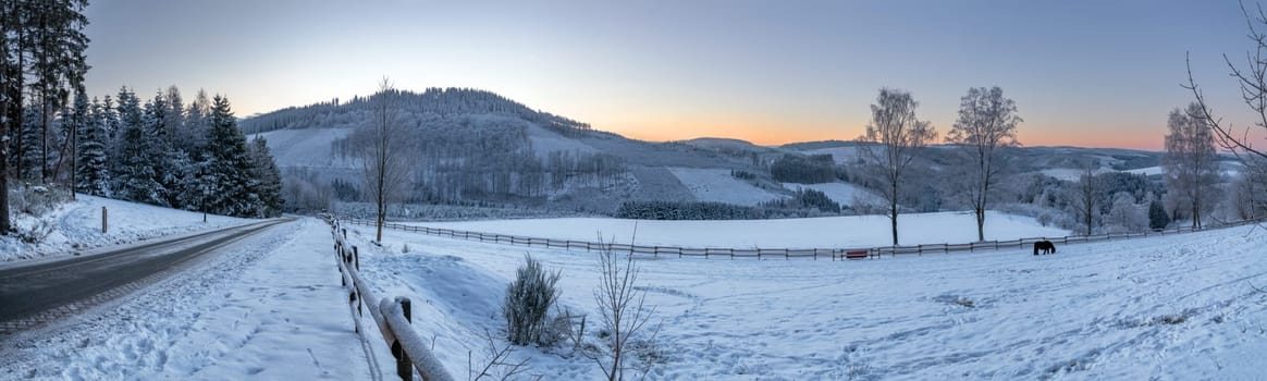 Panoramic image of winter landscape during sunrise, Schmallenberg, Sauerland, Germany