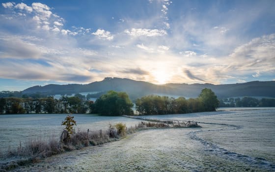 Panoramic landscape image, cold morning during autumn, Sauerland, North Rhine Westphalia, Germany