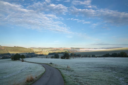 Panoramic landscape image, cold morning during autumn, Sauerland, North Rhine Westphalia, Germany