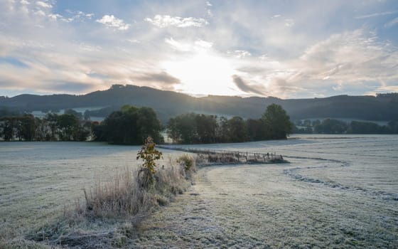 Panoramic landscape image, cold morning during autumn, Sauerland, North Rhine Westphalia, Germany