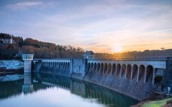 Panoramic image of Lister lake on a cold winter day at sunset, Sauerland, Germany