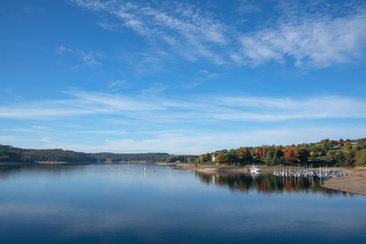 SUNDERN, GERMANY - OCTOBER 12, 2022: Panoramic image of Lake Sorpe close to Sundern on October 12, 2022 in Sauerland, Germany