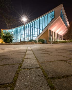 Historic swimming opera of Wuppertal at night, Bergisches Land, Germany